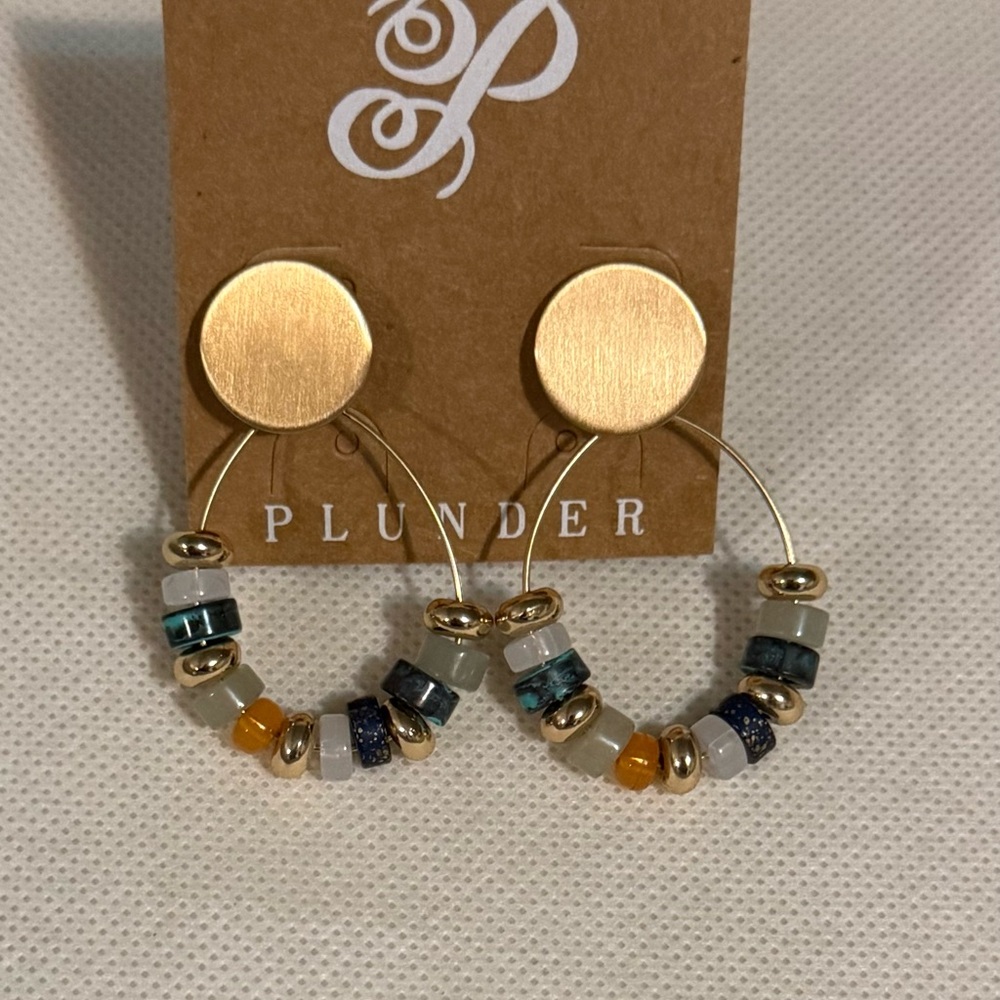 Plunder Gold Hoop Earrings with Blue, Teal, Gray and Yellow Beads